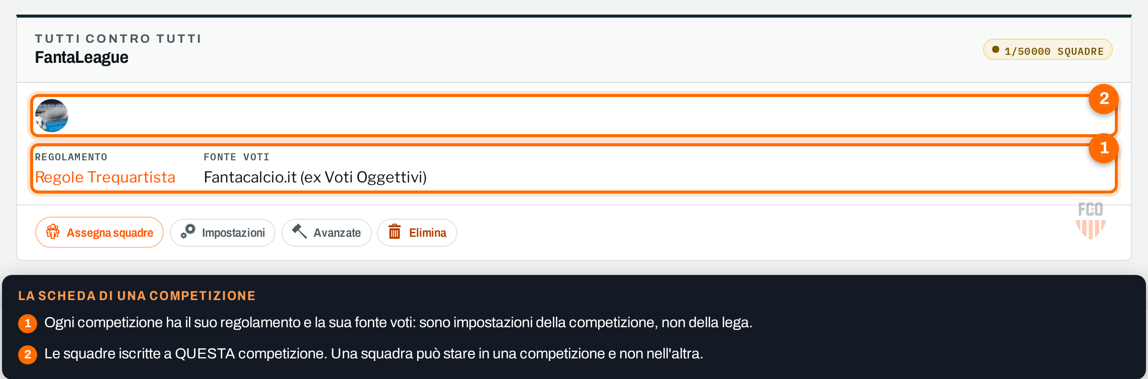 La scheda di una competizione con i bottoni Assegna squadre, Impostazioni, Avanzate ed Elimina