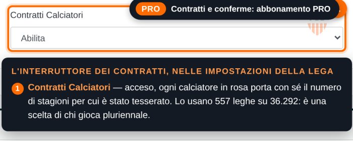 Impostazione Contratti Calciatori nelle impostazioni generali della lega, con etichetta PRO
