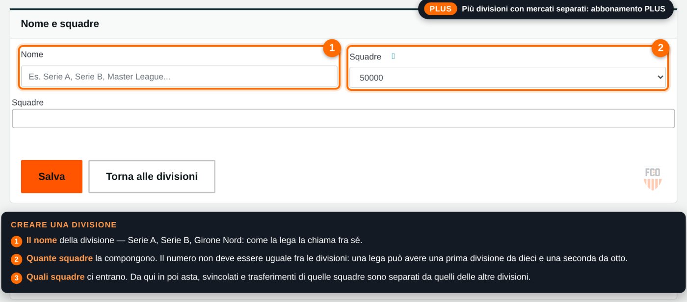 Form di creazione di una divisione: nome, numero di squadre e squadre assegnate