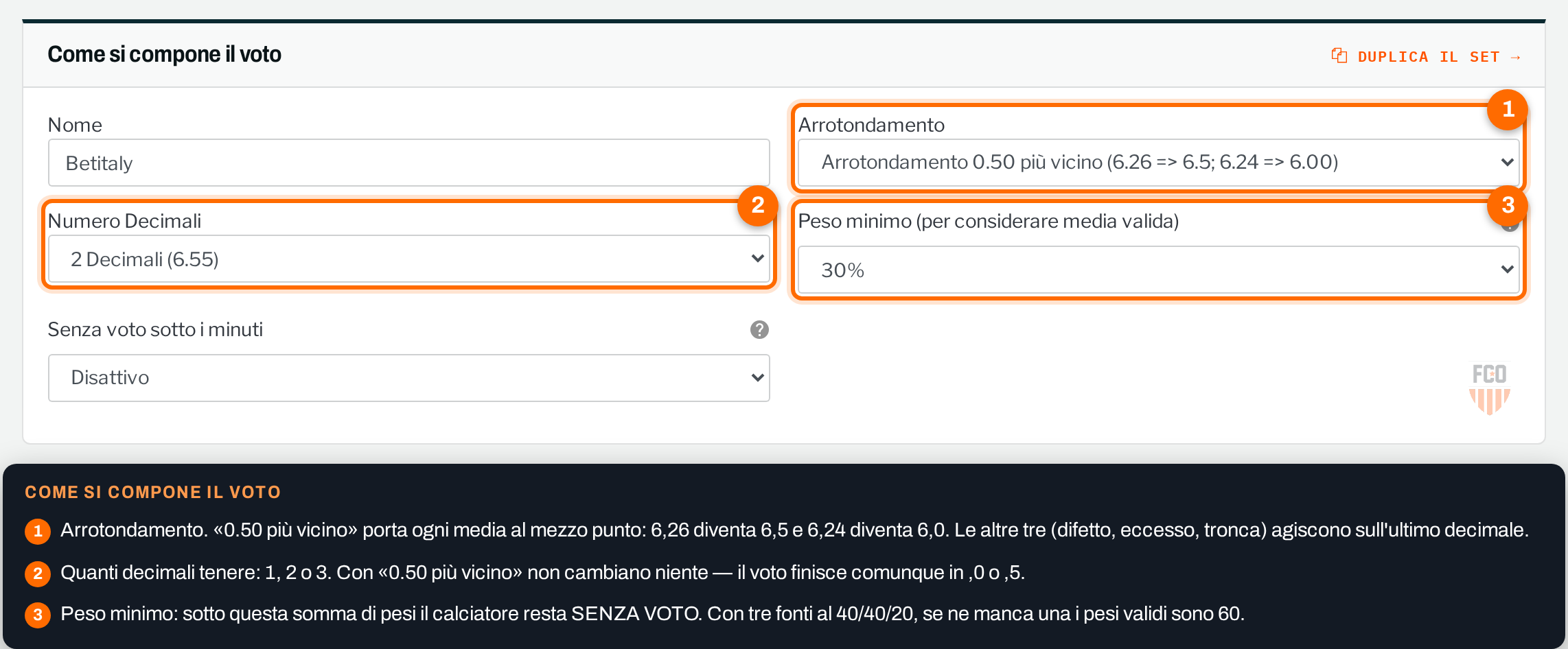 La scheda Come si compone il voto: arrotondamento, numero di decimali e peso minimo