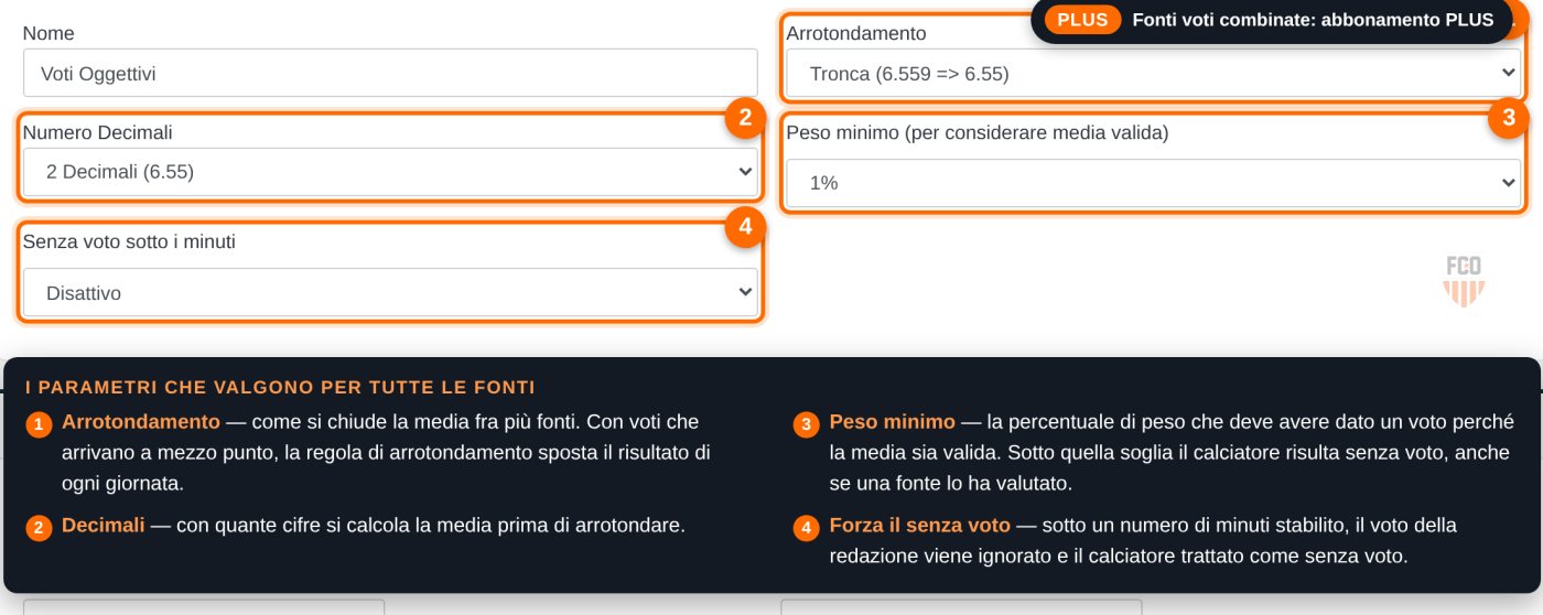 Parametri del set di voti: arrotondamento, decimali, peso minimo e forzatura del senza voto