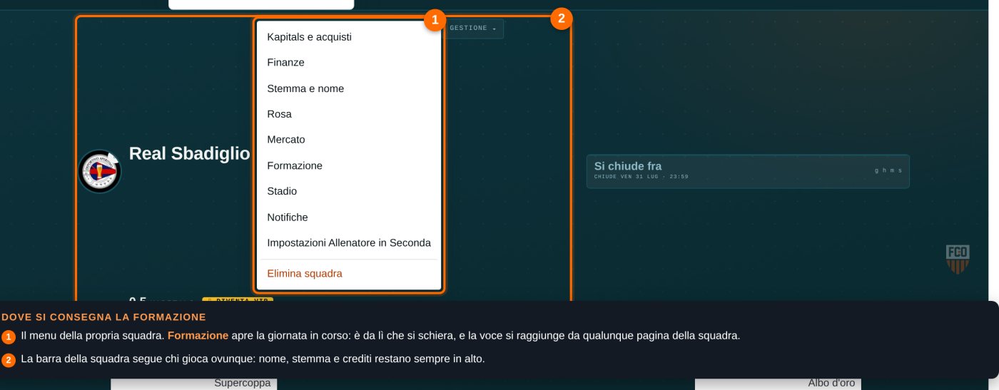 Menu della propria squadra aperto sulla voce Formazione