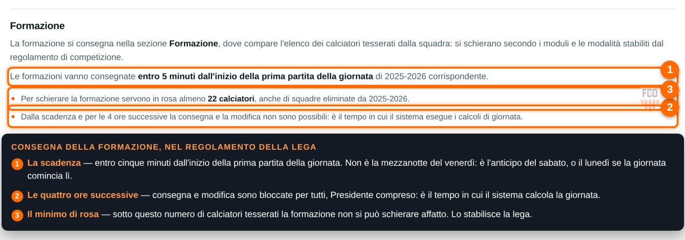 Sezione Formazione del regolamento di lega: scadenza di consegna, minimo di calciatori in rosa e blocco di quattro ore