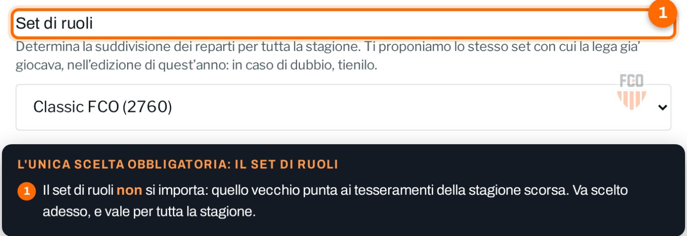 Il campo Set di ruoli nella pagina di import, con la spiegazione che determina la suddivisione dei reparti per tutta la stagione