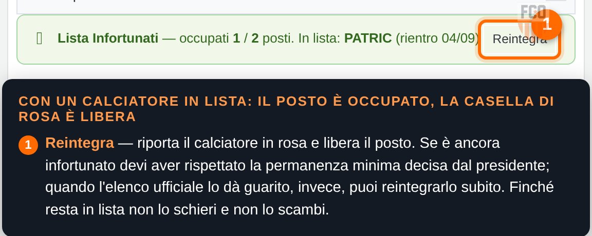 Barra della Lista Infortunati con un posto su due occupato e il bottone Reintegra accanto al calciatore in lista