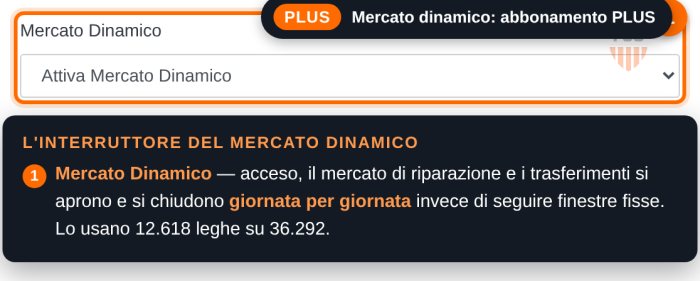Interruttore del mercato dinamico nelle impostazioni della lega, con etichetta PLUS