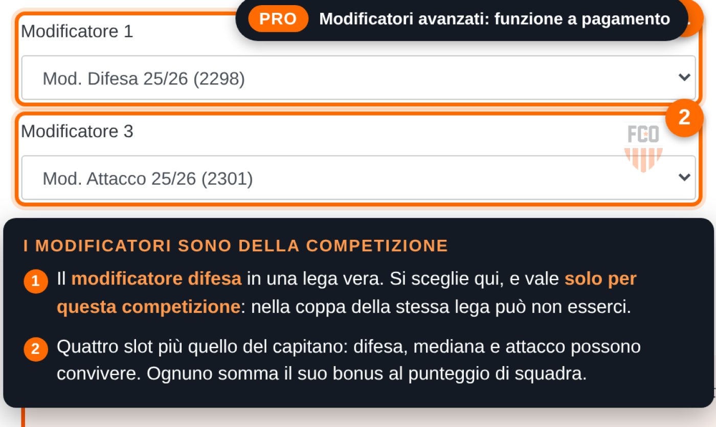 Selezione dei modificatori di una competizione, con il modificatore difesa nel primo slot