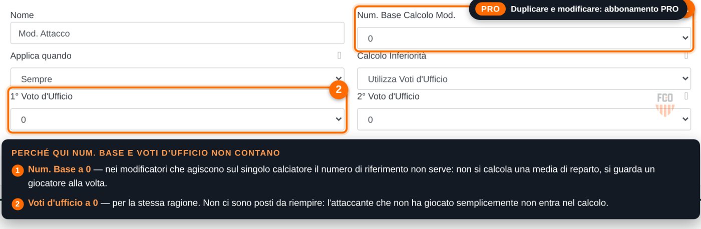 Parametri del modificatore attacco: numero base e voti d'ufficio, tutti a zero
