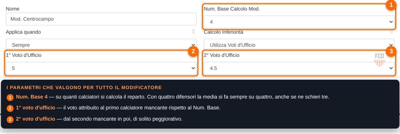 Parametri generali di un modificatore: numero base di calcolo, primo e secondo voto d'ufficio