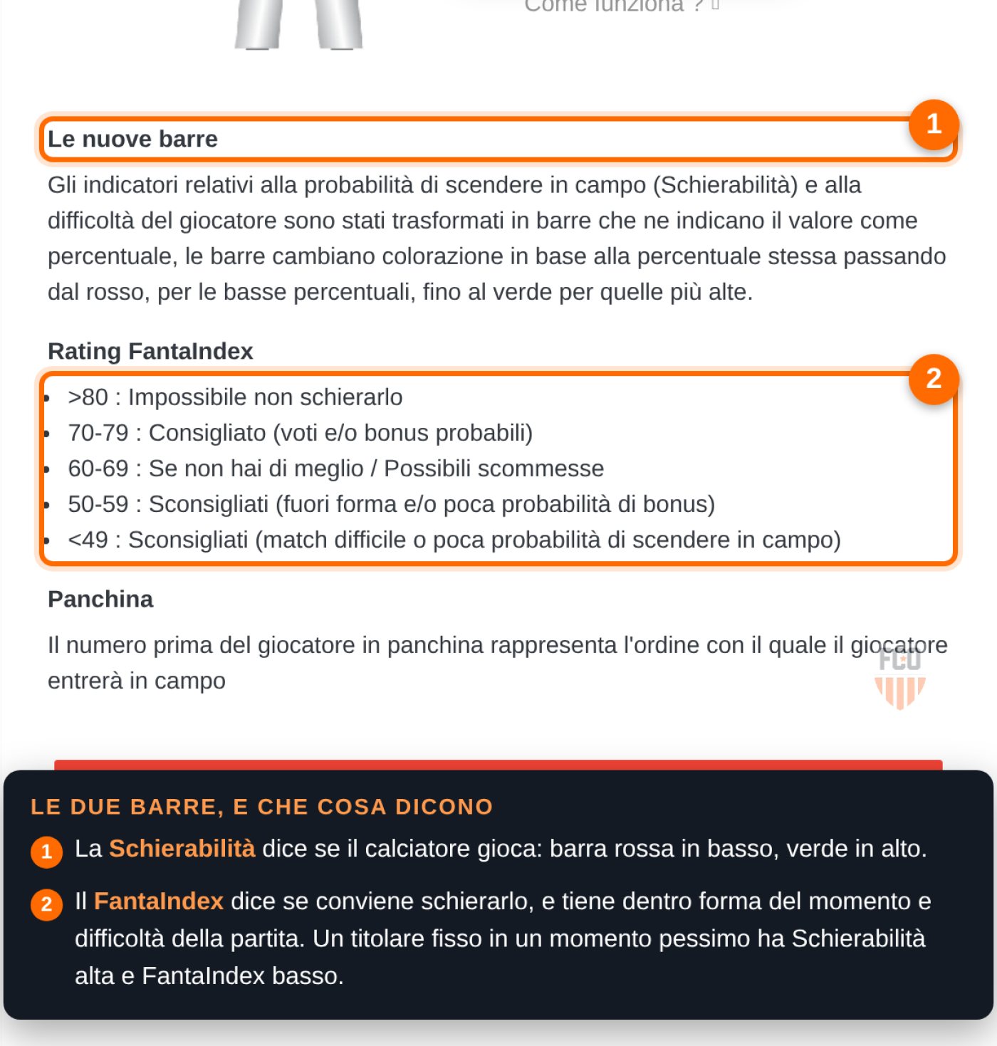 Legenda della schermata di formazione: barre di Schierabilit&agrave; e scala del Rating FantaIndex