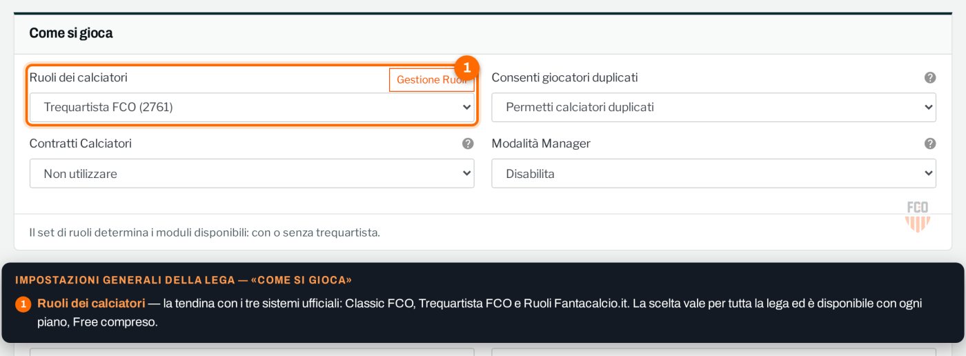 Impostazioni generali di una lega, sezione Come si gioca: la tendina Ruoli dei calciatori con i tre sistemi Classic FCO, Trequartista FCO e Ruoli Fantacalcio.it