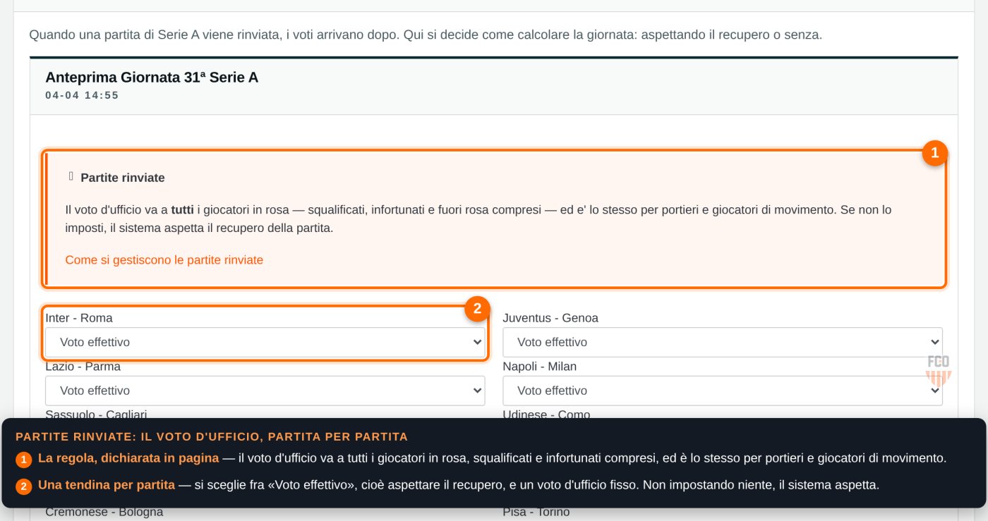 Pagina delle partite rinviate: una tendina per ogni partita della giornata, con voto effettivo o voto d'ufficio