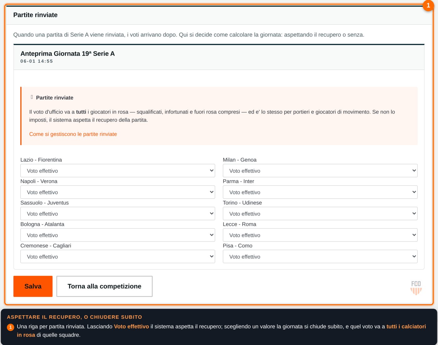 Pagina delle partite rinviate, con il voto d'ufficio da assegnare per ogni match