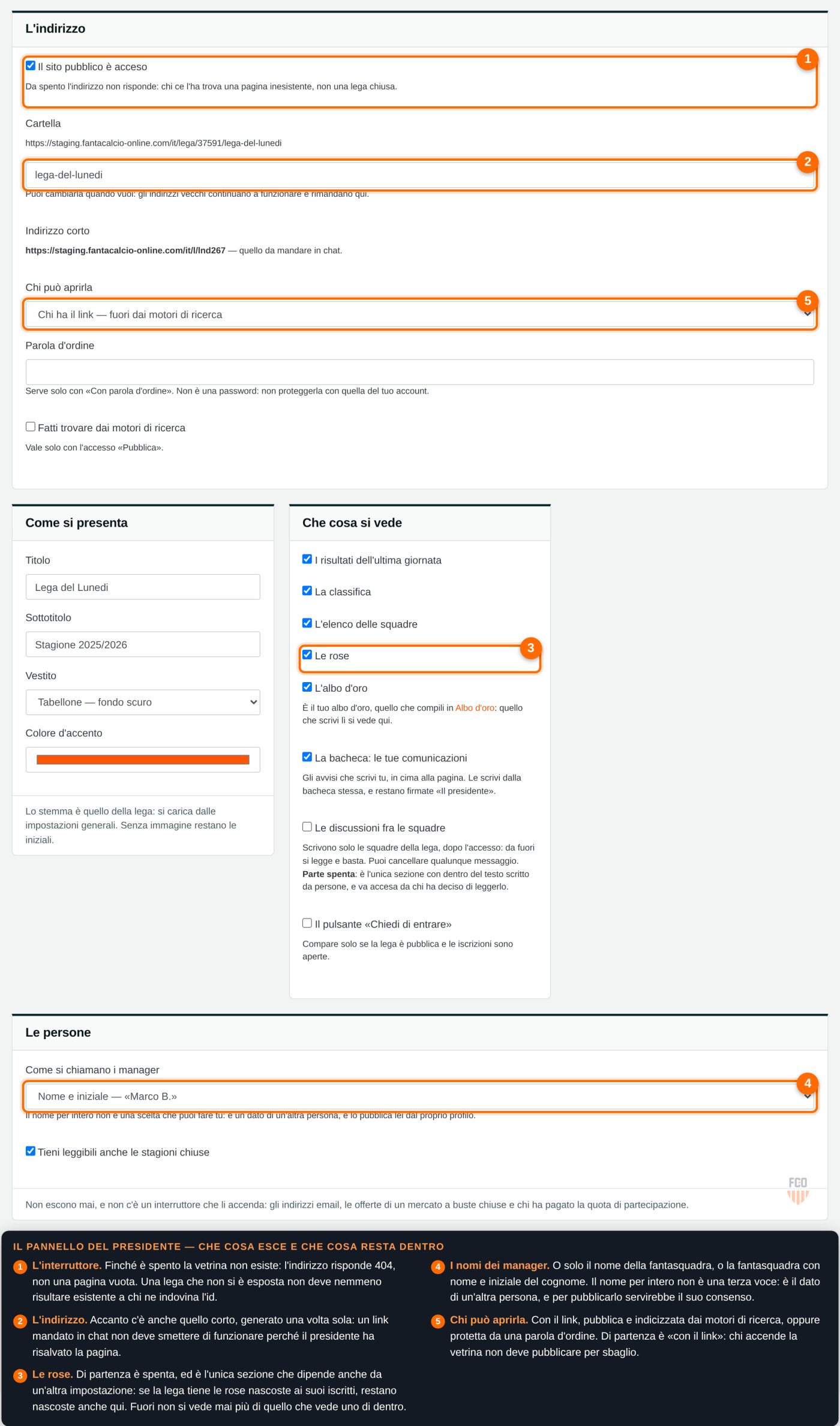 Pannello del sito pubblico nelle impostazioni di una lega: interruttore di accensione, indirizzo e indirizzo corto, chi puo' aprirla, titolo sottotitolo vestito e colore, le sezioni da mostrare, e come si chiamano i manager