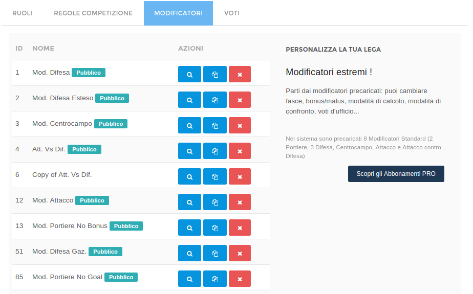 Modificatori Gestione | Fantacalcio Online